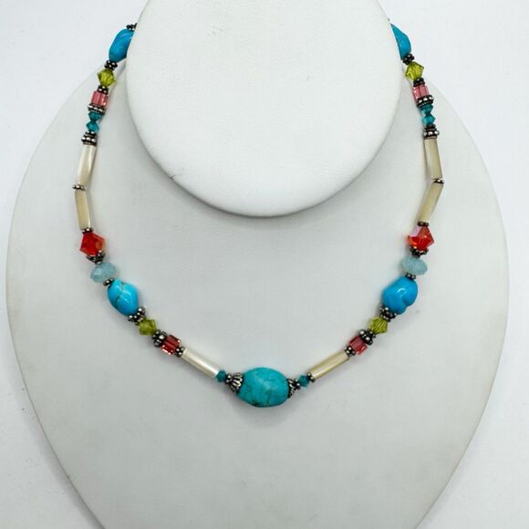 Turquoise Chunk Faceted Colorful Glass Sterling Silver Beaded Necklace Bohemian - Picture 2 of 11